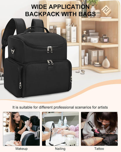 Tattoo Backpack with 4 Removable Pouches, Tattoo Travel Case with 3 Detachable Dividers, Waterproof Tattoo Carrying Case for Stencil Printer, Equipment and Supplies - Black