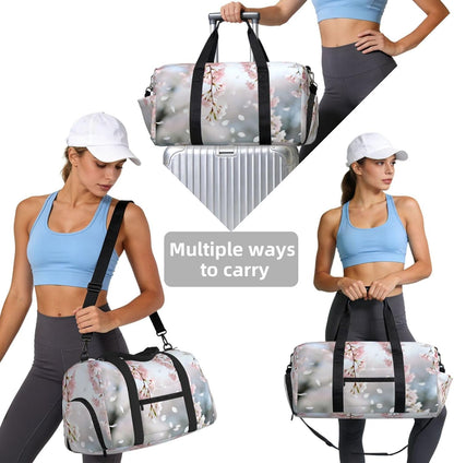 Cherry Blossom Branch Duffel Bag with Shoe Compartment-Sports Gym Weekender for Men Women, Waterproof Travel Tote with Wet Pocket for Dirty Shoes