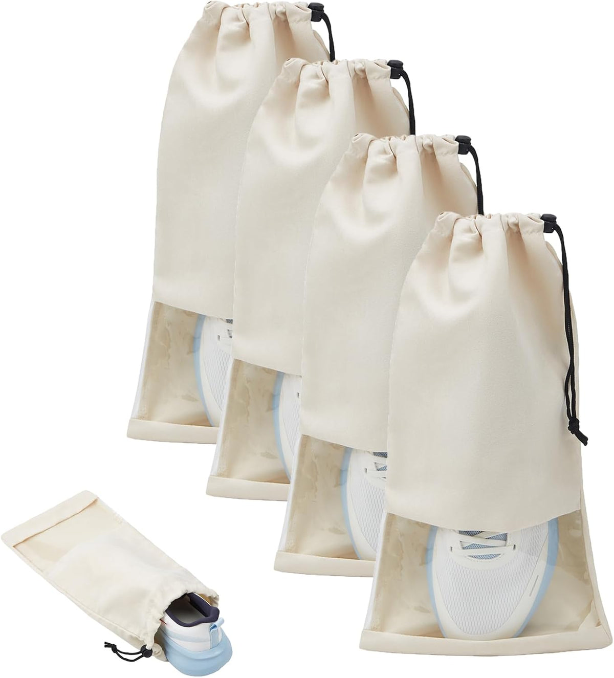 4 Pcs Single Shoe Bags for Travel, 9.1"x17.7" Drawstring Shoe Travel Bags with Clear TPU Window, Travel Organizer for Suitcase (Beige)