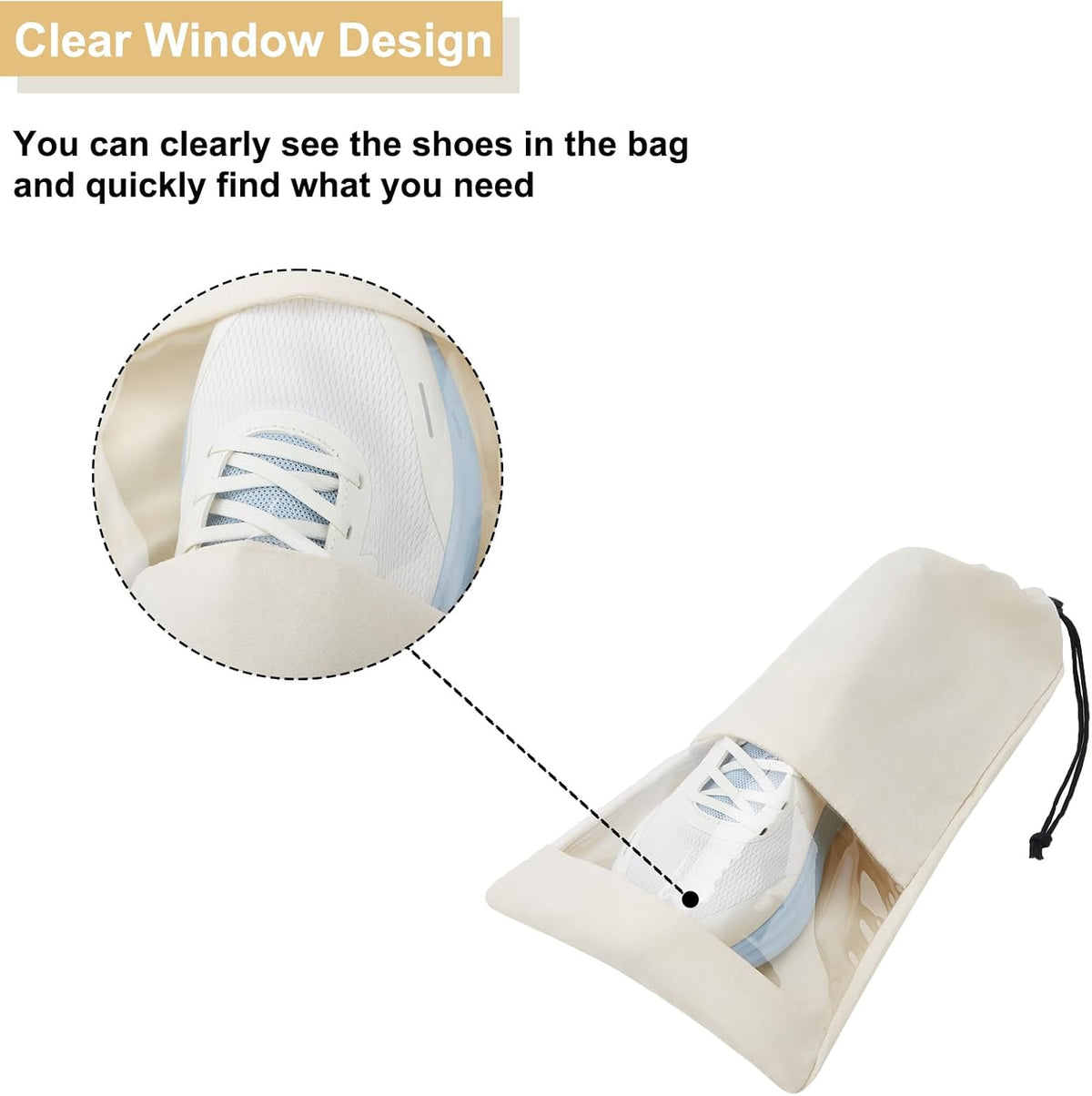4 Pcs Single Shoe Bags for Travel, 9.1"x17.7" Drawstring Shoe Travel Bags with Clear TPU Window, Travel Organizer for Suitcase (Beige)