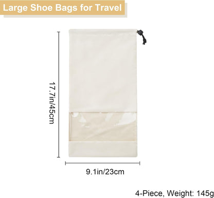 4 Pcs Single Shoe Bags for Travel, 9.1"x17.7" Drawstring Shoe Travel Bags with Clear TPU Window, Travel Organizer for Suitcase (Beige)