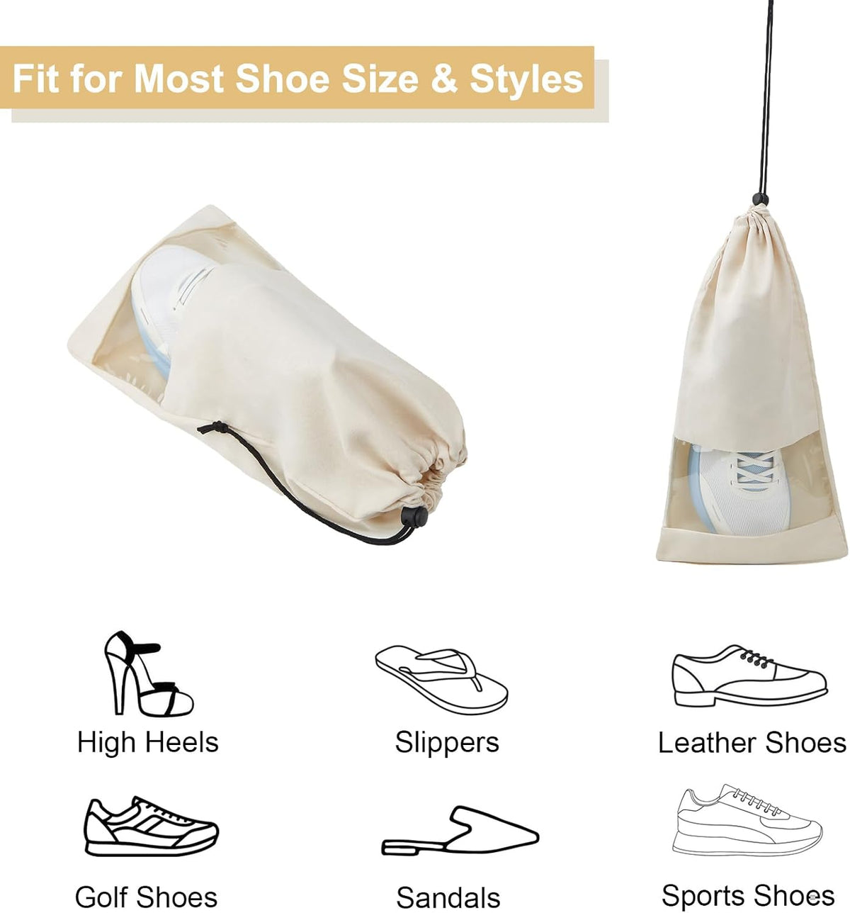 4 Pcs Single Shoe Bags for Travel, 9.1"x17.7" Drawstring Shoe Travel Bags with Clear TPU Window, Travel Organizer for Suitcase (Beige)