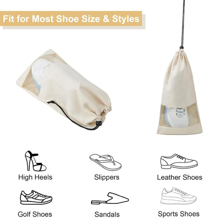 4 Pcs Single Shoe Bags for Travel, 9.1"x17.7" Drawstring Shoe Travel Bags with Clear TPU Window, Travel Organizer for Suitcase (Beige)