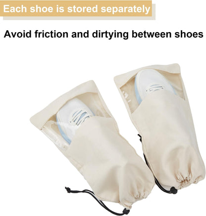4 Pcs Single Shoe Bags for Travel, 9.1"x17.7" Drawstring Shoe Travel Bags with Clear TPU Window, Travel Organizer for Suitcase (Beige)