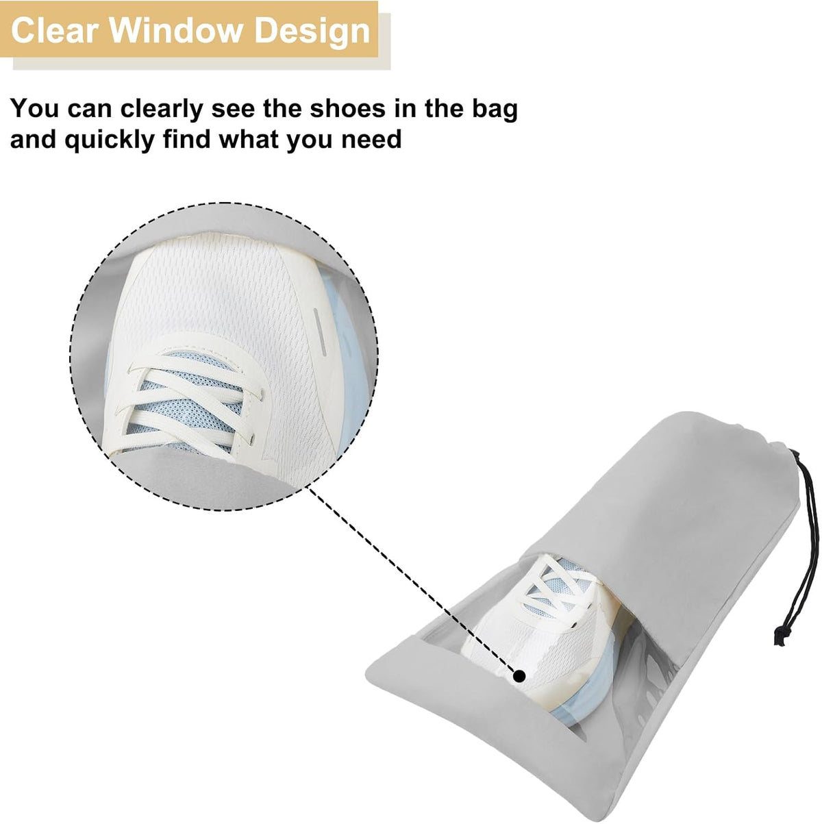 4 Pcs Single Shoe Bags for Travel, 9.1"x17.7" Drawstring Shoe Travel Bags with Clear TPU Window, Travel Organizer for Suitcase (Beige)
