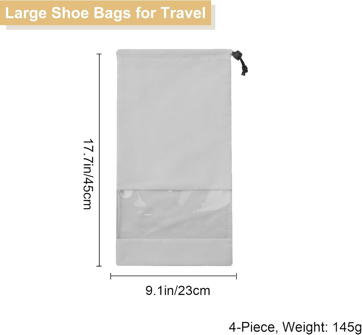 4 Pcs Single Shoe Bags for Travel, 9.1"x17.7" Drawstring Shoe Travel Bags with Clear TPU Window, Travel Organizer for Suitcase (Beige)