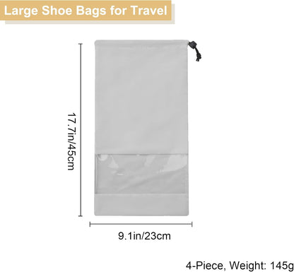 4 Pcs Single Shoe Bags for Travel, 9.1"x17.7" Drawstring Shoe Travel Bags with Clear TPU Window, Travel Organizer for Suitcase (Beige)