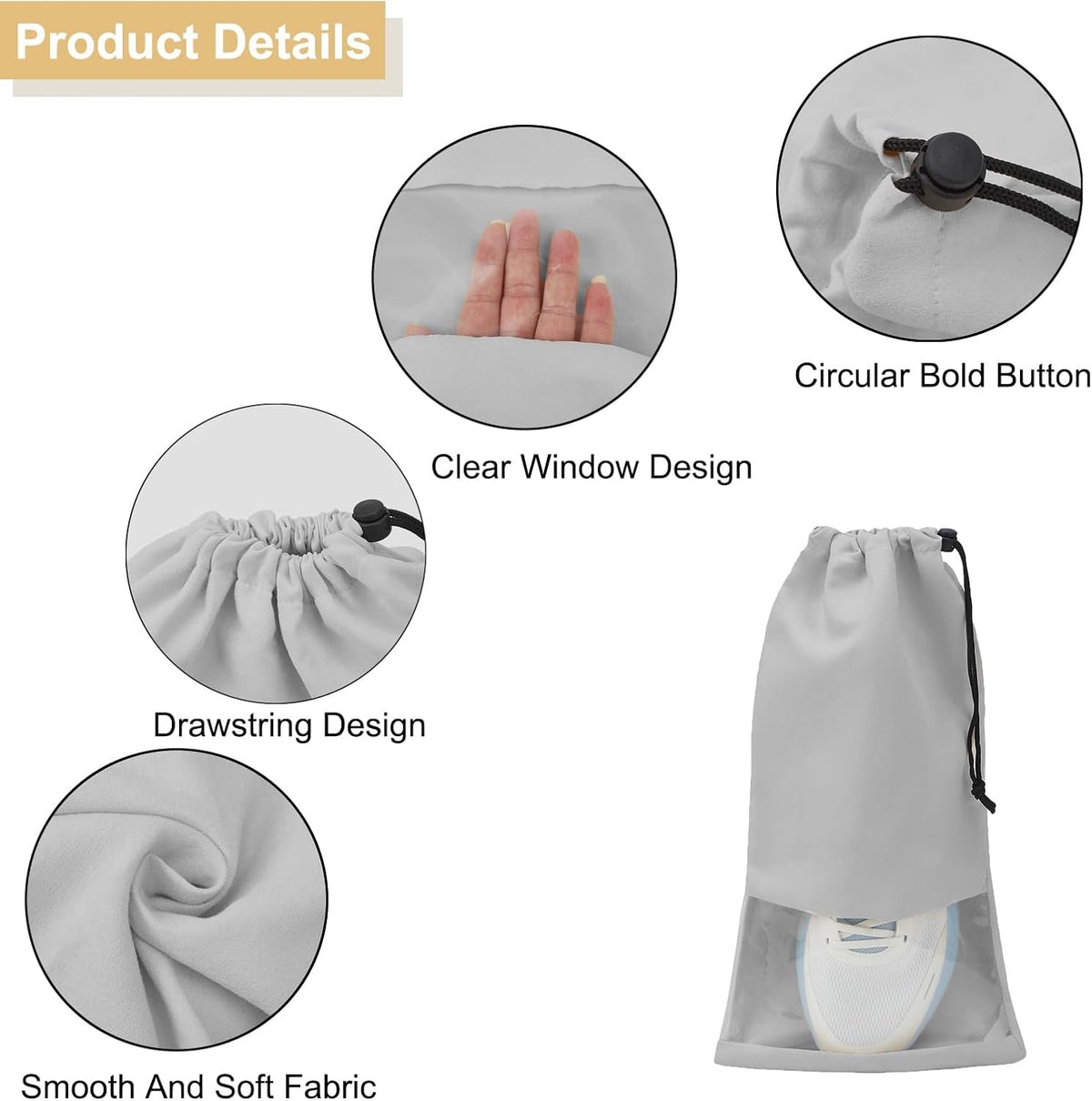 4 Pcs Single Shoe Bags for Travel, 9.1"x17.7" Drawstring Shoe Travel Bags with Clear TPU Window, Travel Organizer for Suitcase (Beige)