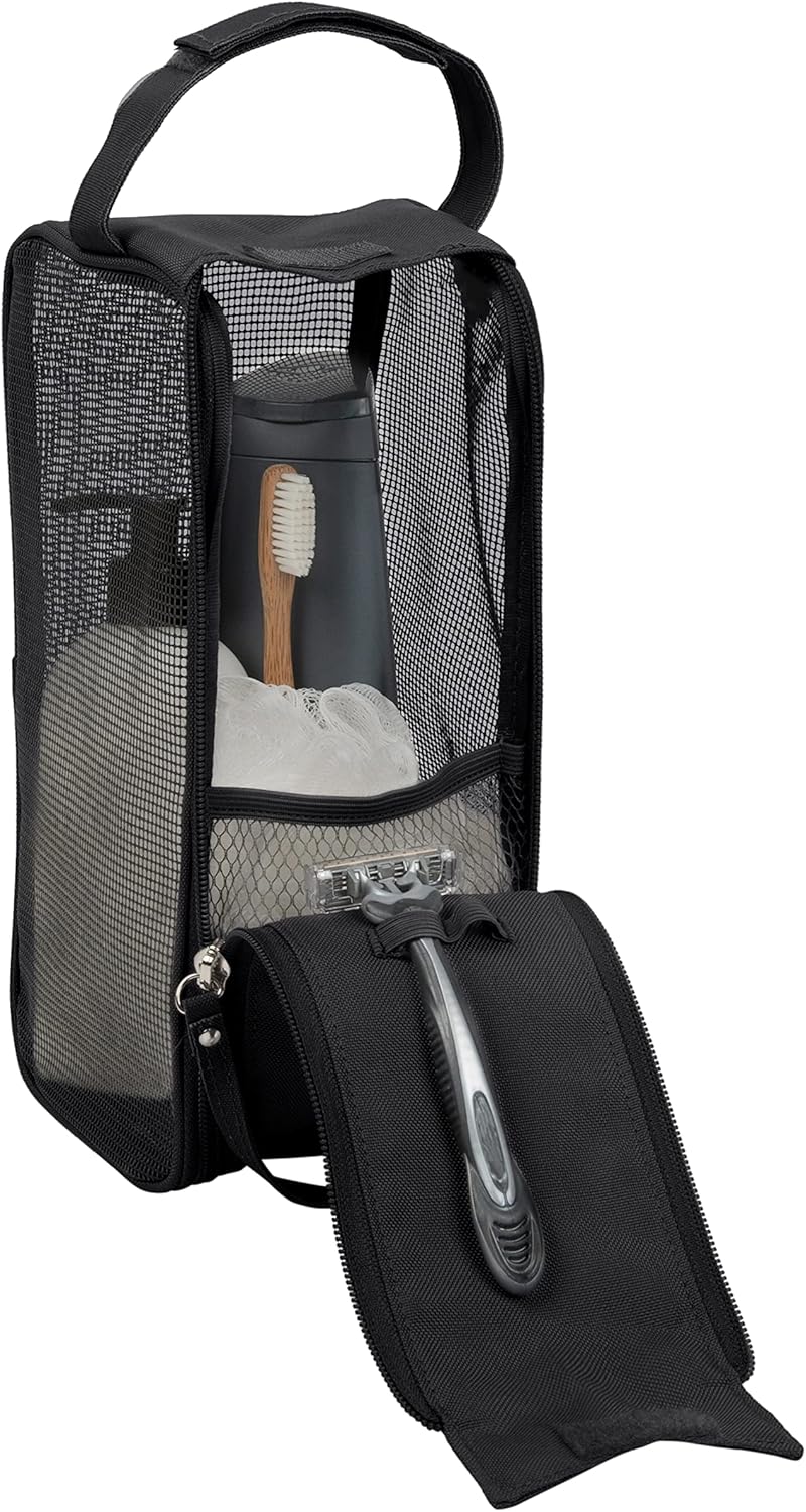 Hanging Mesh Toiletry Bag | Travel Organizer | Perfect for Dorm | Gym | Back to School | Shampoo | Shower Accessories | Black