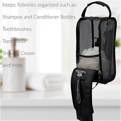 Hanging Mesh Toiletry Bag | Travel Organizer | Perfect for Dorm | Gym | Back to School | Shampoo | Shower Accessories | Black