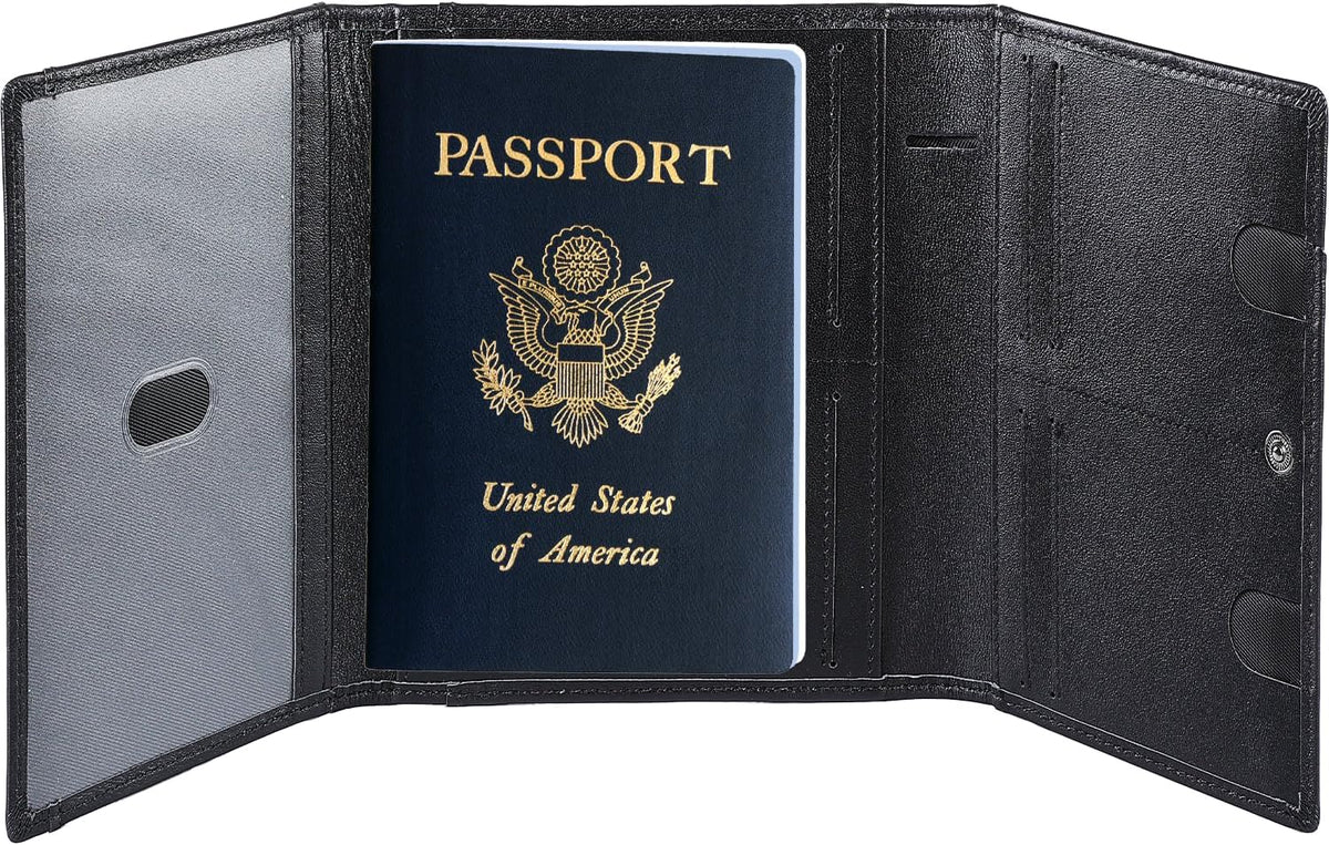 Domenico Full Grain Leather Pilot Passport Wallet, Trifold Travel Document Organizer with RFID Blocking, Transparent Doc & Dual ID Windows, AirTag Slot, Pen & Travel Notebook