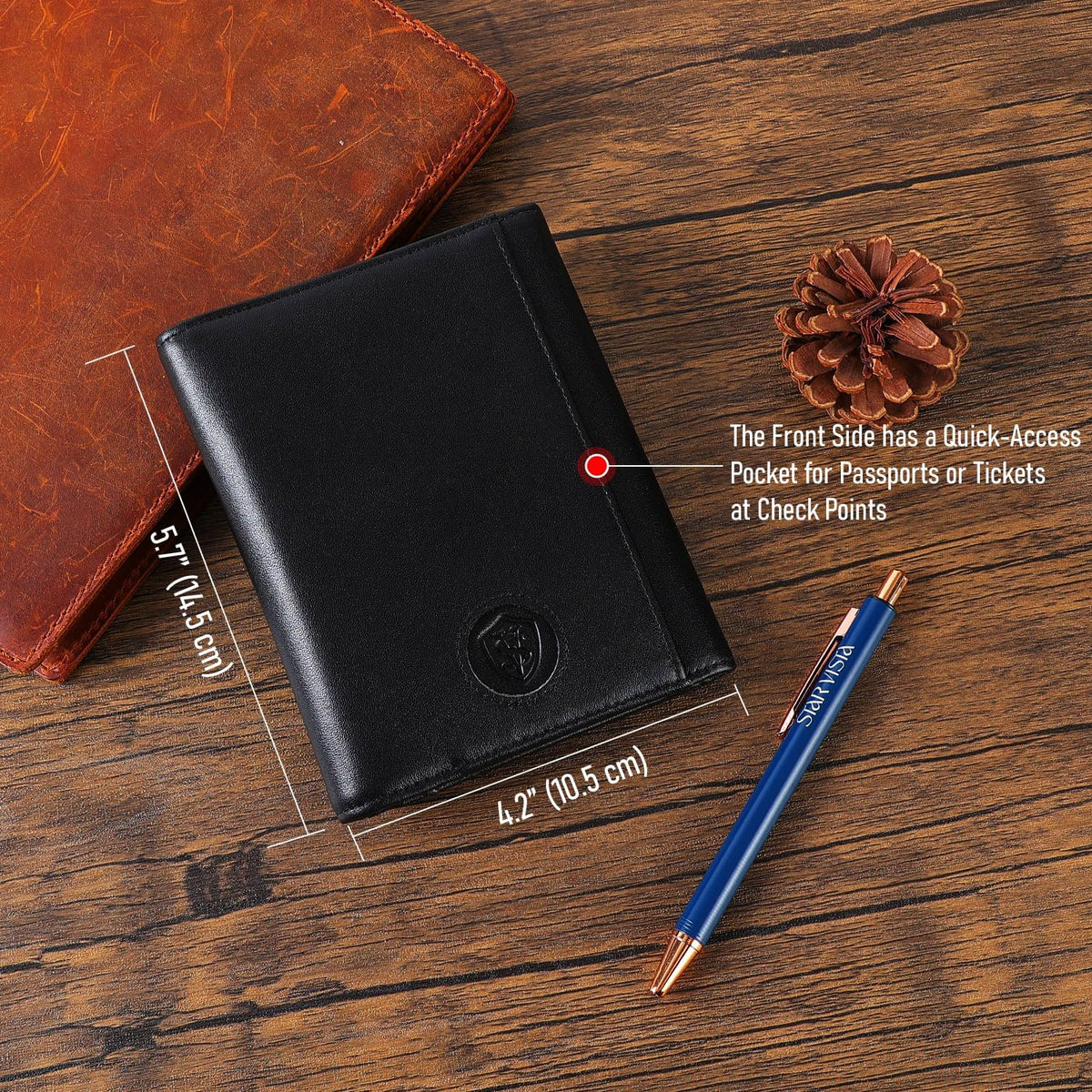 Domenico Full Grain Leather Pilot Passport Wallet, Trifold Travel Document Organizer with RFID Blocking, Transparent Doc & Dual ID Windows, AirTag Slot, Pen & Travel Notebook