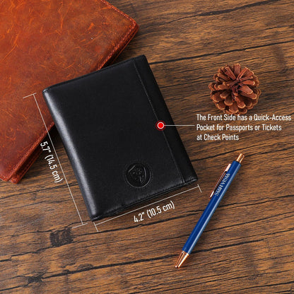 Domenico Full Grain Leather Pilot Passport Wallet, Trifold Travel Document Organizer with RFID Blocking, Transparent Doc & Dual ID Windows, AirTag Slot, Pen & Travel Notebook