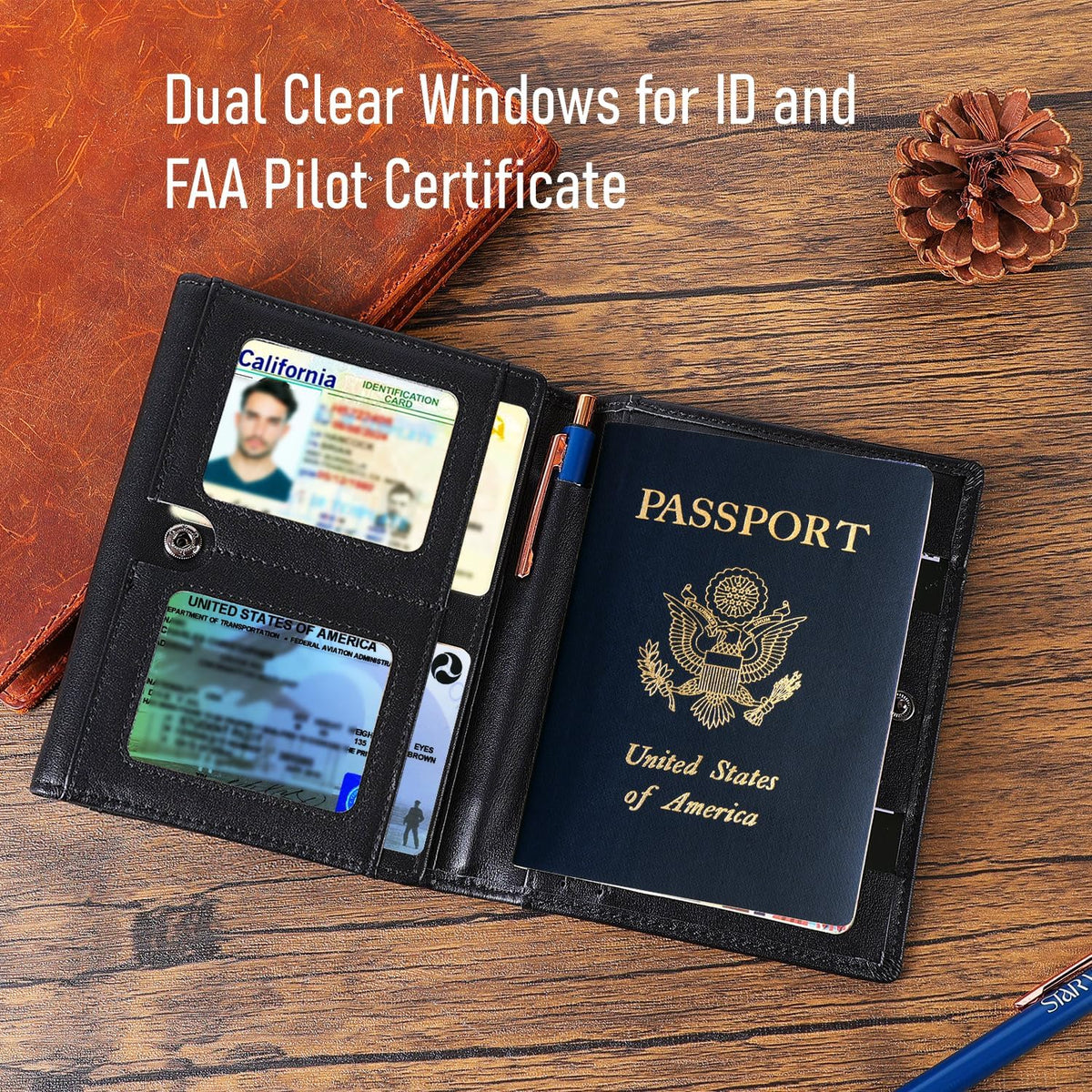 Domenico Full Grain Leather Pilot Passport Wallet, Trifold Travel Document Organizer with RFID Blocking, Transparent Doc & Dual ID Windows, AirTag Slot, Pen & Travel Notebook