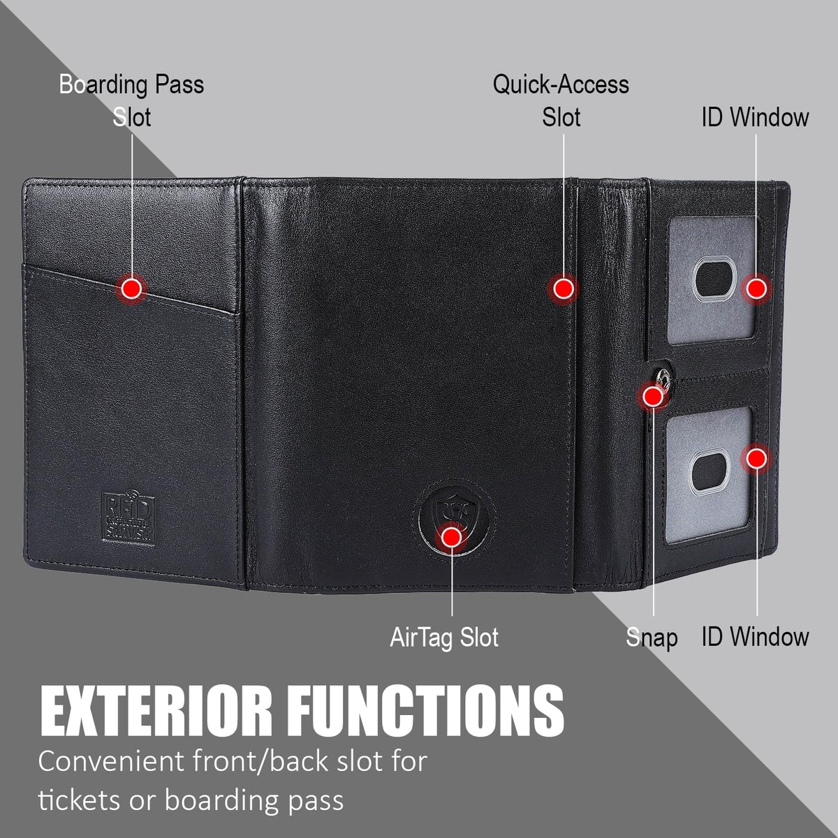 Domenico Full Grain Leather Pilot Passport Wallet, Trifold Travel Document Organizer with RFID Blocking, Transparent Doc & Dual ID Windows, AirTag Slot, Pen & Travel Notebook
