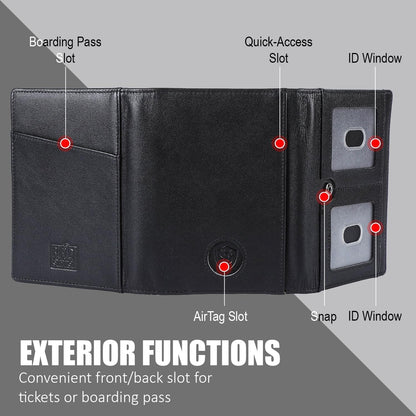 Domenico Full Grain Leather Pilot Passport Wallet, Trifold Travel Document Organizer with RFID Blocking, Transparent Doc & Dual ID Windows, AirTag Slot, Pen & Travel Notebook