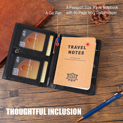 Domenico Full Grain Leather Pilot Passport Wallet, Trifold Travel Document Organizer with RFID Blocking, Transparent Doc & Dual ID Windows, AirTag Slot, Pen & Travel Notebook
