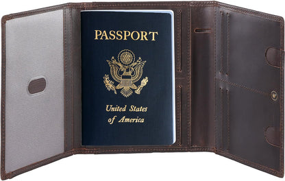 Domenico Full Grain Leather Pilot Passport Wallet, Trifold Travel Document Organizer with RFID Blocking, Transparent Doc & Dual ID Windows, AirTag Slot, Pen & Travel Notebook