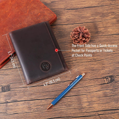 Domenico Full Grain Leather Pilot Passport Wallet, Trifold Travel Document Organizer with RFID Blocking, Transparent Doc & Dual ID Windows, AirTag Slot, Pen & Travel Notebook