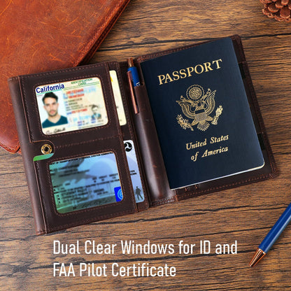 Domenico Full Grain Leather Pilot Passport Wallet, Trifold Travel Document Organizer with RFID Blocking, Transparent Doc & Dual ID Windows, AirTag Slot, Pen & Travel Notebook