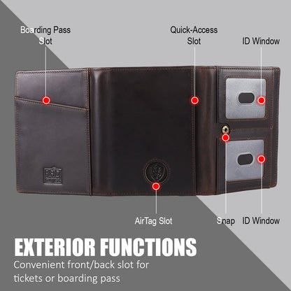 Domenico Full Grain Leather Pilot Passport Wallet, Trifold Travel Document Organizer with RFID Blocking, Transparent Doc & Dual ID Windows, AirTag Slot, Pen & Travel Notebook