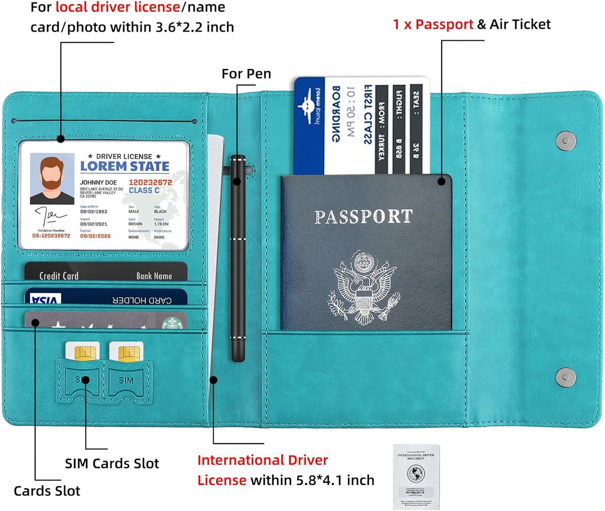 RFID Passport Holder Travel Organizer, Fits International Driving Permit (IDP), PU Leather Document Holder for One Passport, Stylish Travel Accessory, Blue