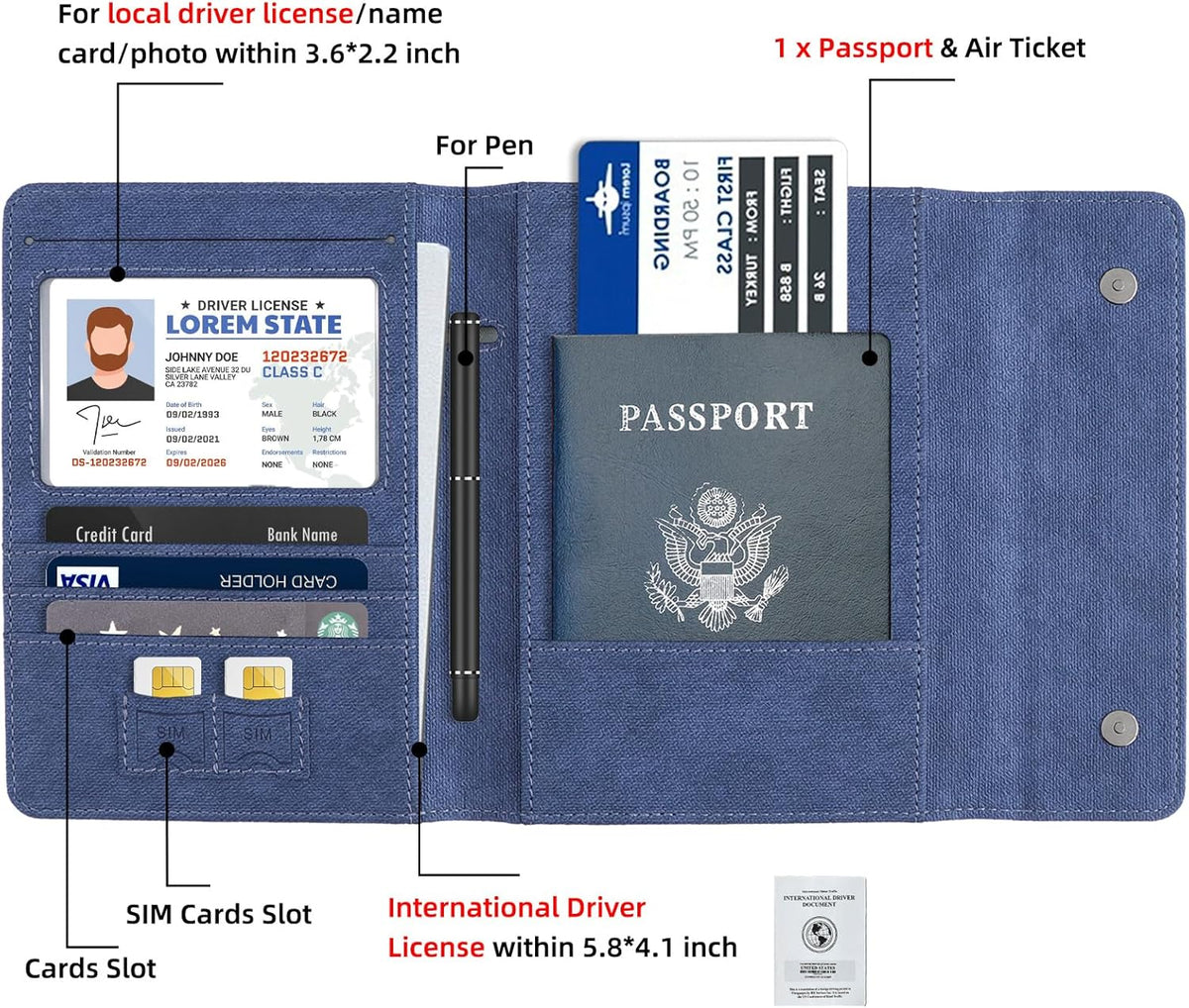 RFID Passport Holder Travel Organizer, Fits International Driving Permit (IDP), PU Leather Document Holder for One Passport, Stylish Travel Accessory, Blue