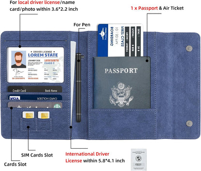 RFID Passport Holder Travel Organizer, Fits International Driving Permit (IDP), PU Leather Document Holder for One Passport, Stylish Travel Accessory, Blue