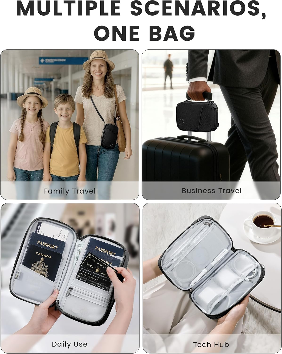 Travelkin Passport Holder For Travel Family, RFID Blocking Passport Wallet | 2-in-1 Travel Organizer, Women Men, Travel document holder, Credit Cards, Cash, Electronic Essentials, Shoulder carry