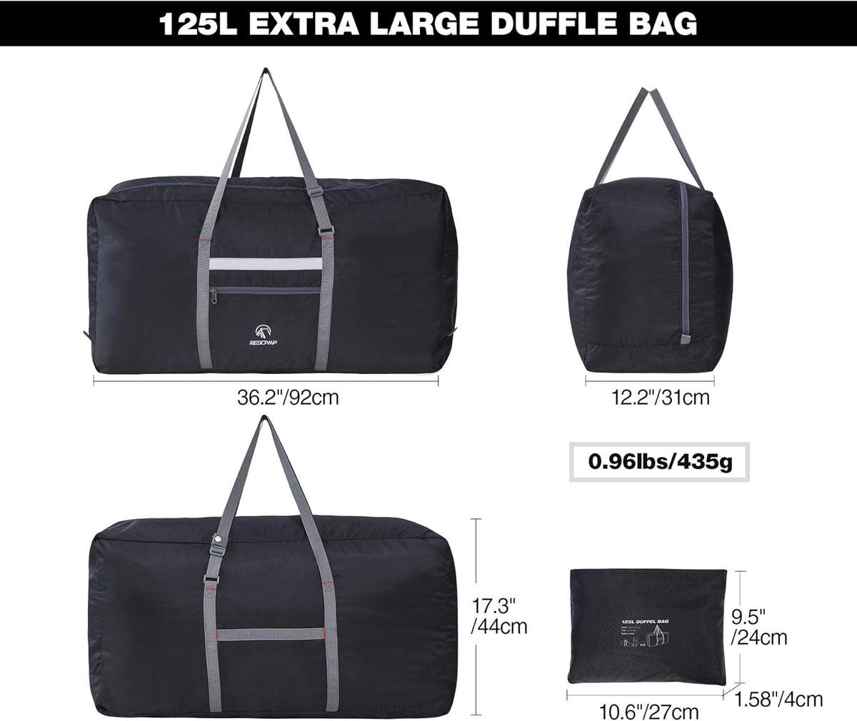 100L Extra Large Duffle Bag, Water Resistant Lightweight Foldable Duffel Bag for Outdoor Camping, Black