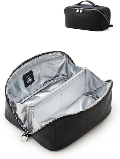 Luxury Leather Makeup Bag, Cosmetic Travel Case with Multiple Compartments, Portable Toiletry Organizer with Handle, Zippered Beauty Storage Pouch for Skincare Products (Pink, Medium)