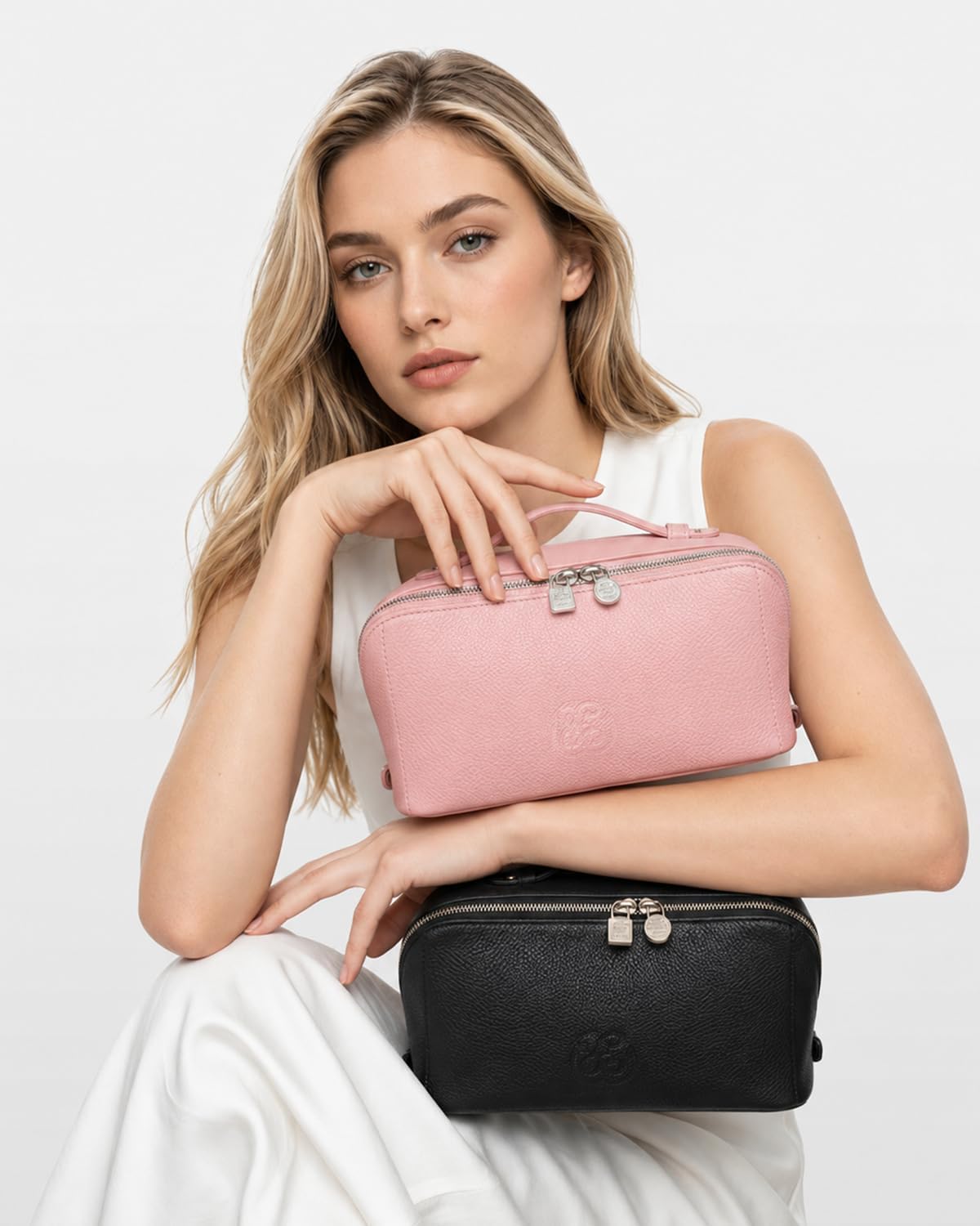 Luxury Leather Makeup Bag, Cosmetic Travel Case with Multiple Compartments, Portable Toiletry Organizer with Handle, Zippered Beauty Storage Pouch for Skincare Products (Pink, Medium)