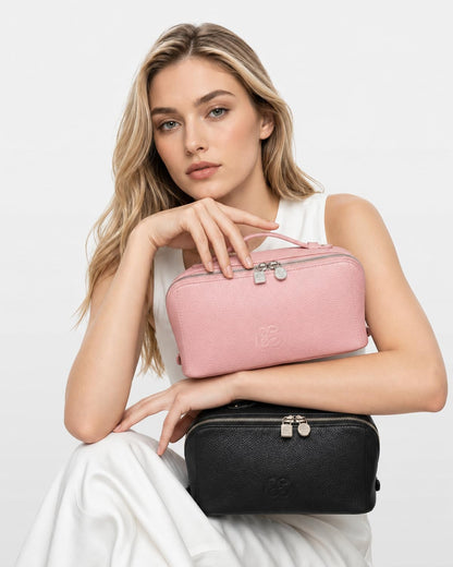 Luxury Leather Makeup Bag, Cosmetic Travel Case with Multiple Compartments, Portable Toiletry Organizer with Handle, Zippered Beauty Storage Pouch for Skincare Products (Pink, Medium)