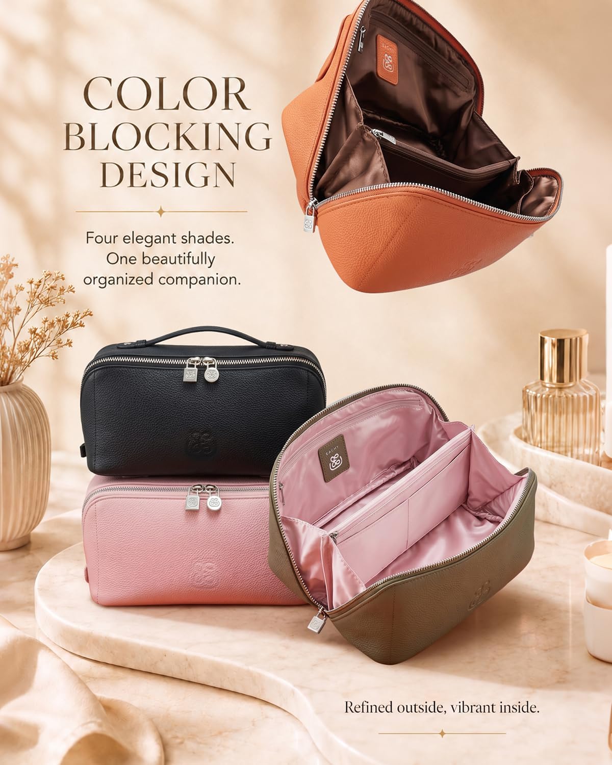 Luxury Leather Makeup Bag, Cosmetic Travel Case with Multiple Compartments, Portable Toiletry Organizer with Handle, Zippered Beauty Storage Pouch for Skincare Products (Pink, Medium)
