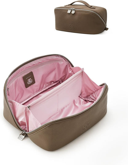 Luxury Leather Makeup Bag, Cosmetic Travel Case with Multiple Compartments, Portable Toiletry Organizer with Handle, Zippered Beauty Storage Pouch for Skincare Products (Pink, Medium)