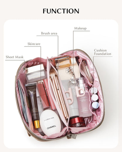 Luxury Leather Makeup Bag, Cosmetic Travel Case with Multiple Compartments, Portable Toiletry Organizer with Handle, Zippered Beauty Storage Pouch for Skincare Products (Pink, Medium)