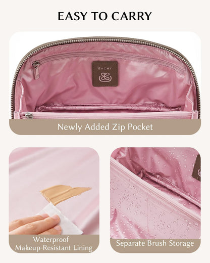Luxury Leather Makeup Bag, Cosmetic Travel Case with Multiple Compartments, Portable Toiletry Organizer with Handle, Zippered Beauty Storage Pouch for Skincare Products (Pink, Medium)