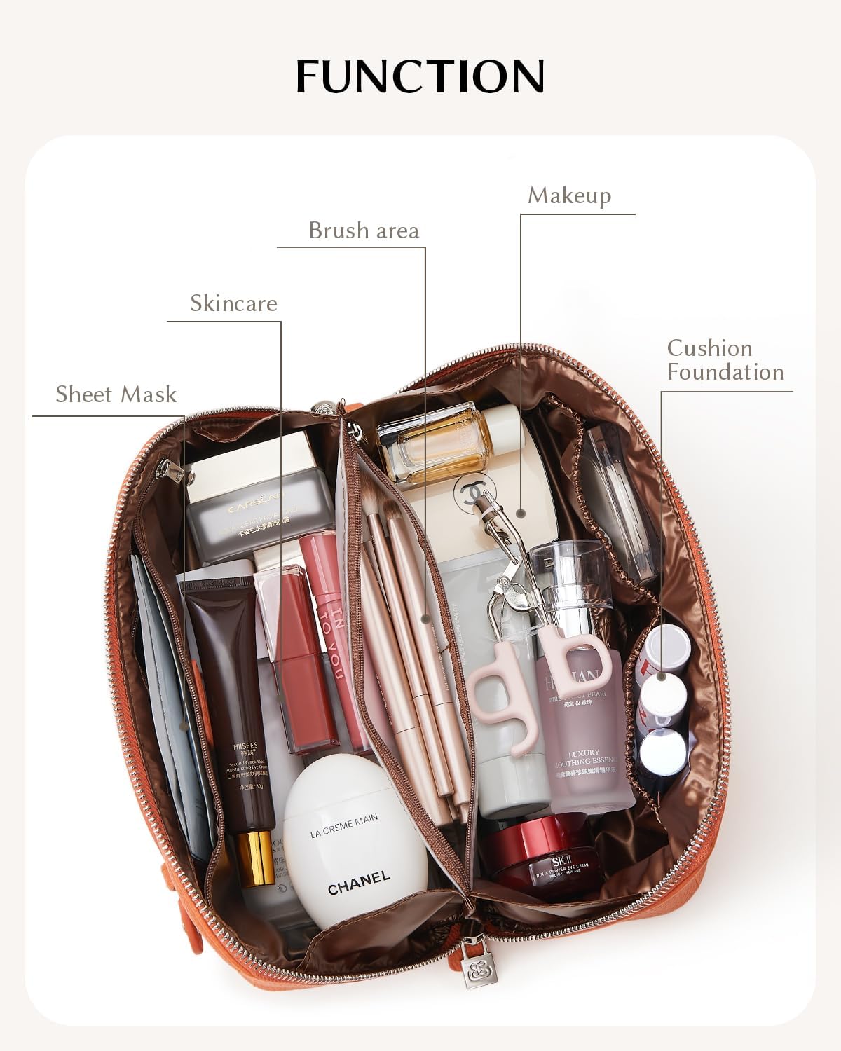 Luxury Leather Makeup Bag, Cosmetic Travel Case with Multiple Compartments, Portable Toiletry Organizer with Handle, Zippered Beauty Storage Pouch for Skincare Products (Pink, Medium)