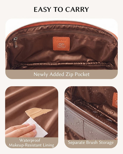 Luxury Leather Makeup Bag, Cosmetic Travel Case with Multiple Compartments, Portable Toiletry Organizer with Handle, Zippered Beauty Storage Pouch for Skincare Products (Pink, Medium)