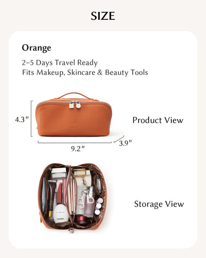 Luxury Leather Makeup Bag, Cosmetic Travel Case with Multiple Compartments, Portable Toiletry Organizer with Handle, Zippered Beauty Storage Pouch for Skincare Products (Pink, Medium)