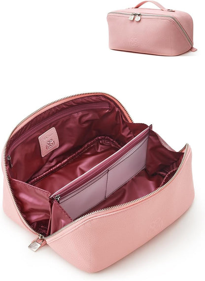 Luxury Leather Makeup Bag, Cosmetic Travel Case with Multiple Compartments, Portable Toiletry Organizer with Handle, Zippered Beauty Storage Pouch for Skincare Products (Pink, Medium)