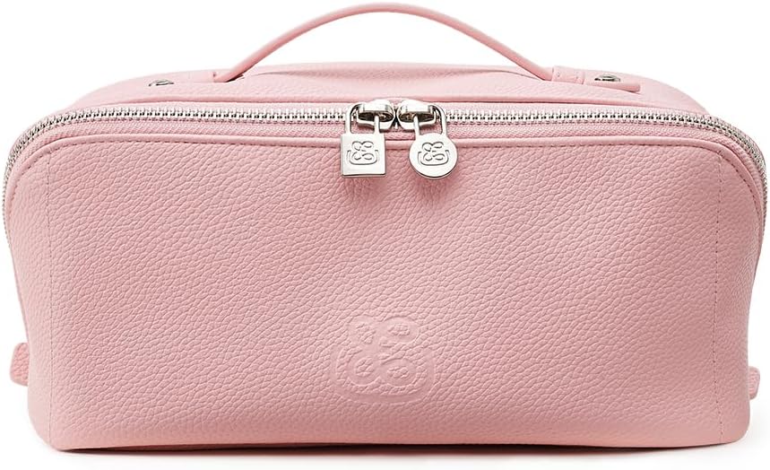 Luxury Leather Makeup Bag, Cosmetic Travel Case with Multiple Compartments, Portable Toiletry Organizer with Handle, Zippered Beauty Storage Pouch for Skincare Products (Pink, Medium)