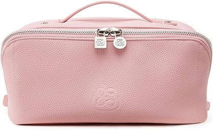 Luxury Leather Makeup Bag, Cosmetic Travel Case with Multiple Compartments, Portable Toiletry Organizer with Handle, Zippered Beauty Storage Pouch for Skincare Products (Pink, Medium)