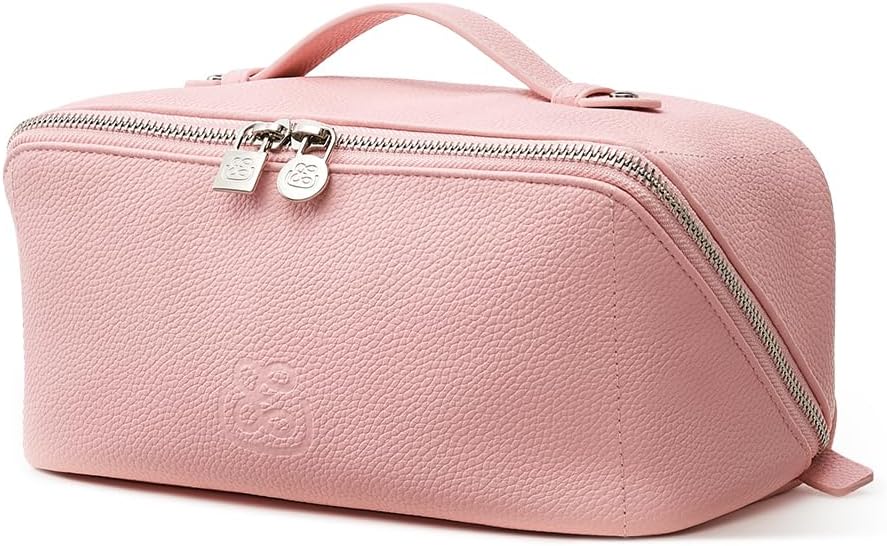 Luxury Leather Makeup Bag, Cosmetic Travel Case with Multiple Compartments, Portable Toiletry Organizer with Handle, Zippered Beauty Storage Pouch for Skincare Products (Pink, Medium)