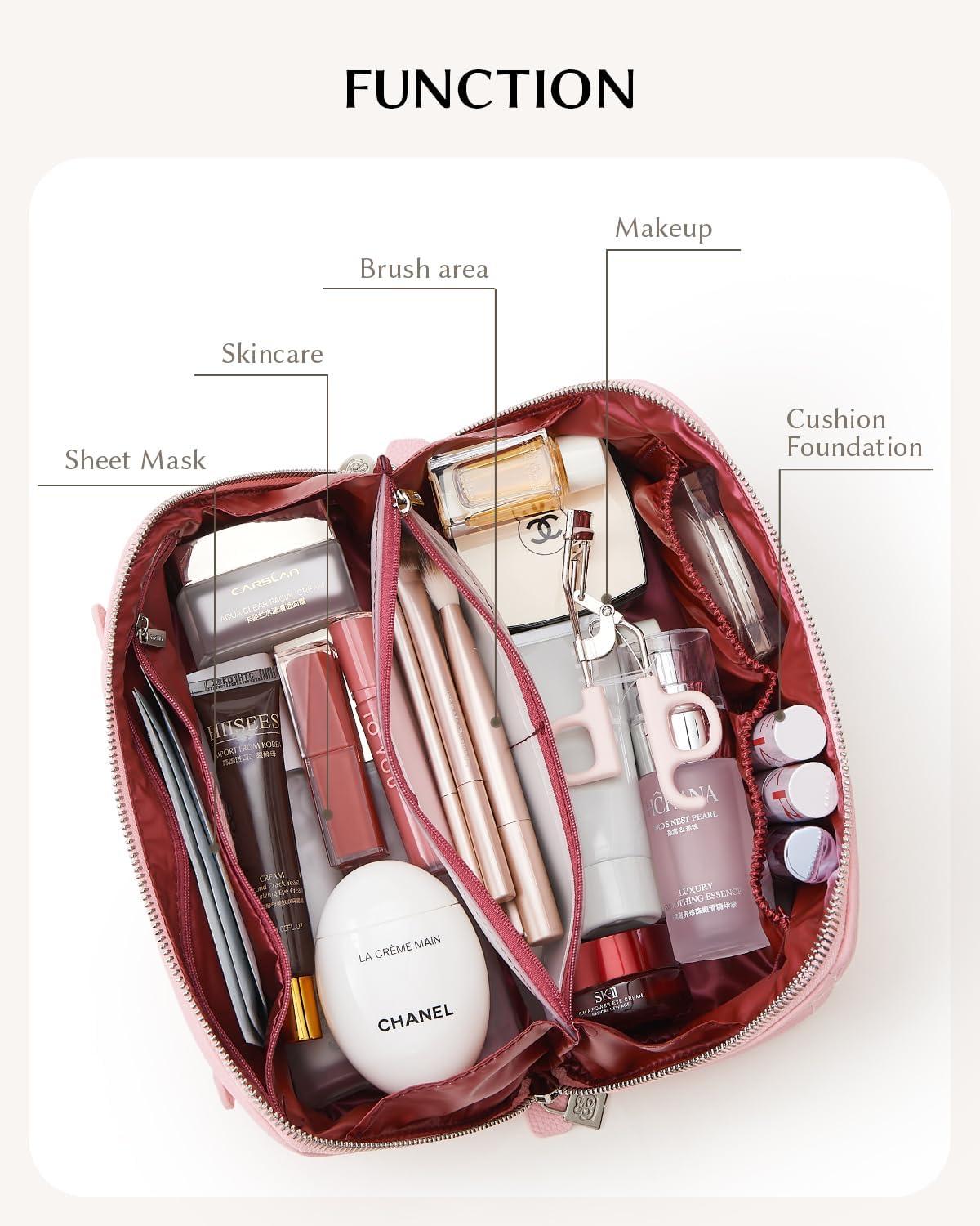 Luxury Leather Makeup Bag, Cosmetic Travel Case with Multiple Compartments, Portable Toiletry Organizer with Handle, Zippered Beauty Storage Pouch for Skincare Products (Pink, Medium)