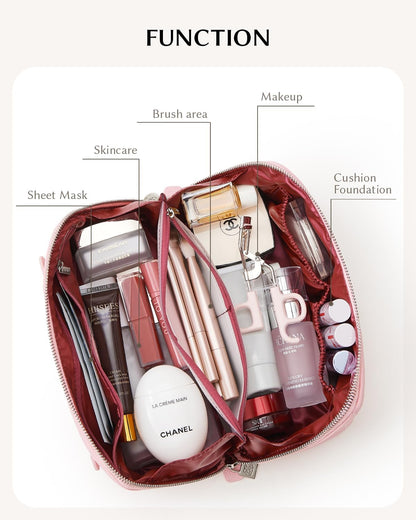 Luxury Leather Makeup Bag, Cosmetic Travel Case with Multiple Compartments, Portable Toiletry Organizer with Handle, Zippered Beauty Storage Pouch for Skincare Products (Pink, Medium)
