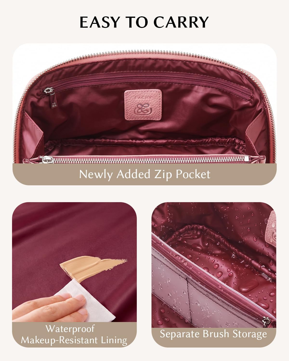 Luxury Leather Makeup Bag, Cosmetic Travel Case with Multiple Compartments, Portable Toiletry Organizer with Handle, Zippered Beauty Storage Pouch for Skincare Products (Pink, Medium)