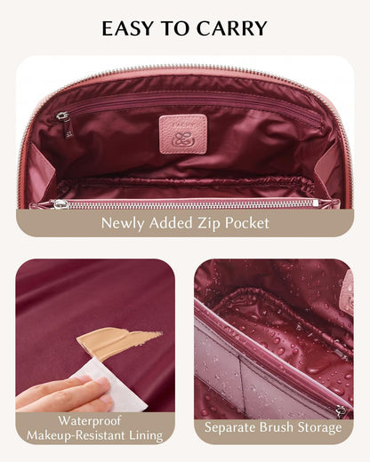 Luxury Leather Makeup Bag, Cosmetic Travel Case with Multiple Compartments, Portable Toiletry Organizer with Handle, Zippered Beauty Storage Pouch for Skincare Products (Pink, Medium)