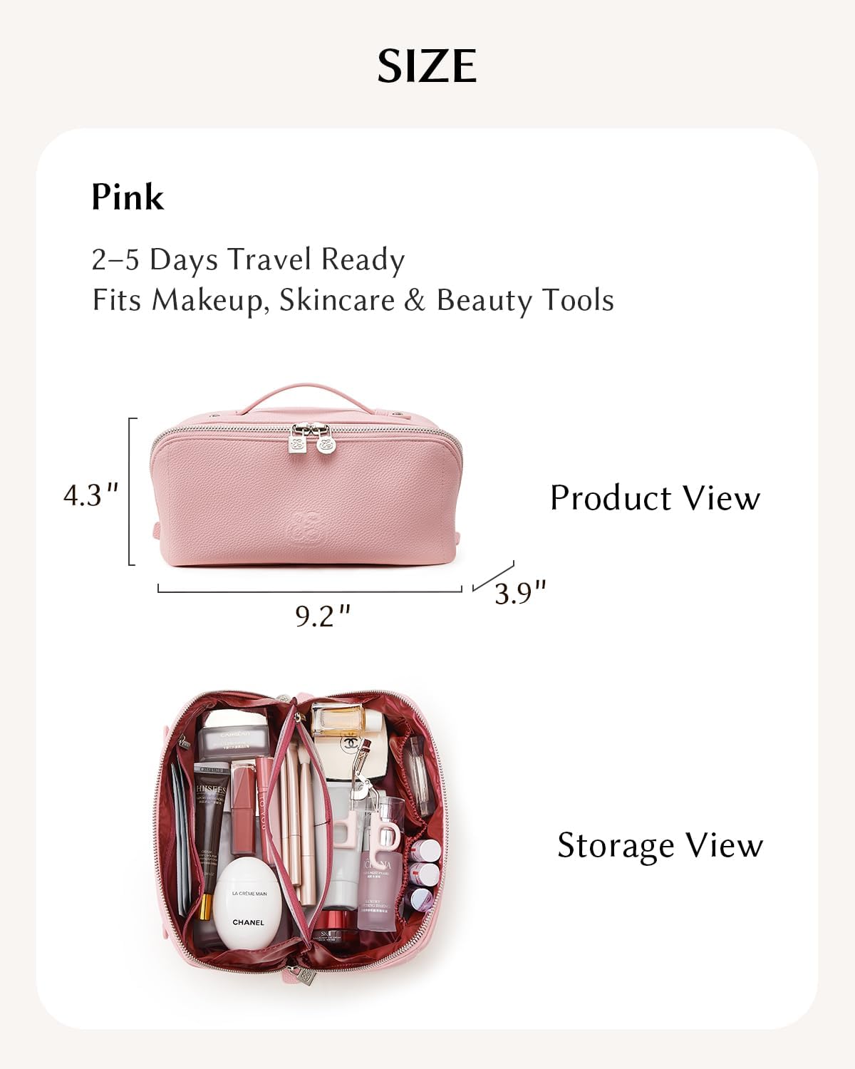 Luxury Leather Makeup Bag, Cosmetic Travel Case with Multiple Compartments, Portable Toiletry Organizer with Handle, Zippered Beauty Storage Pouch for Skincare Products (Pink, Medium)