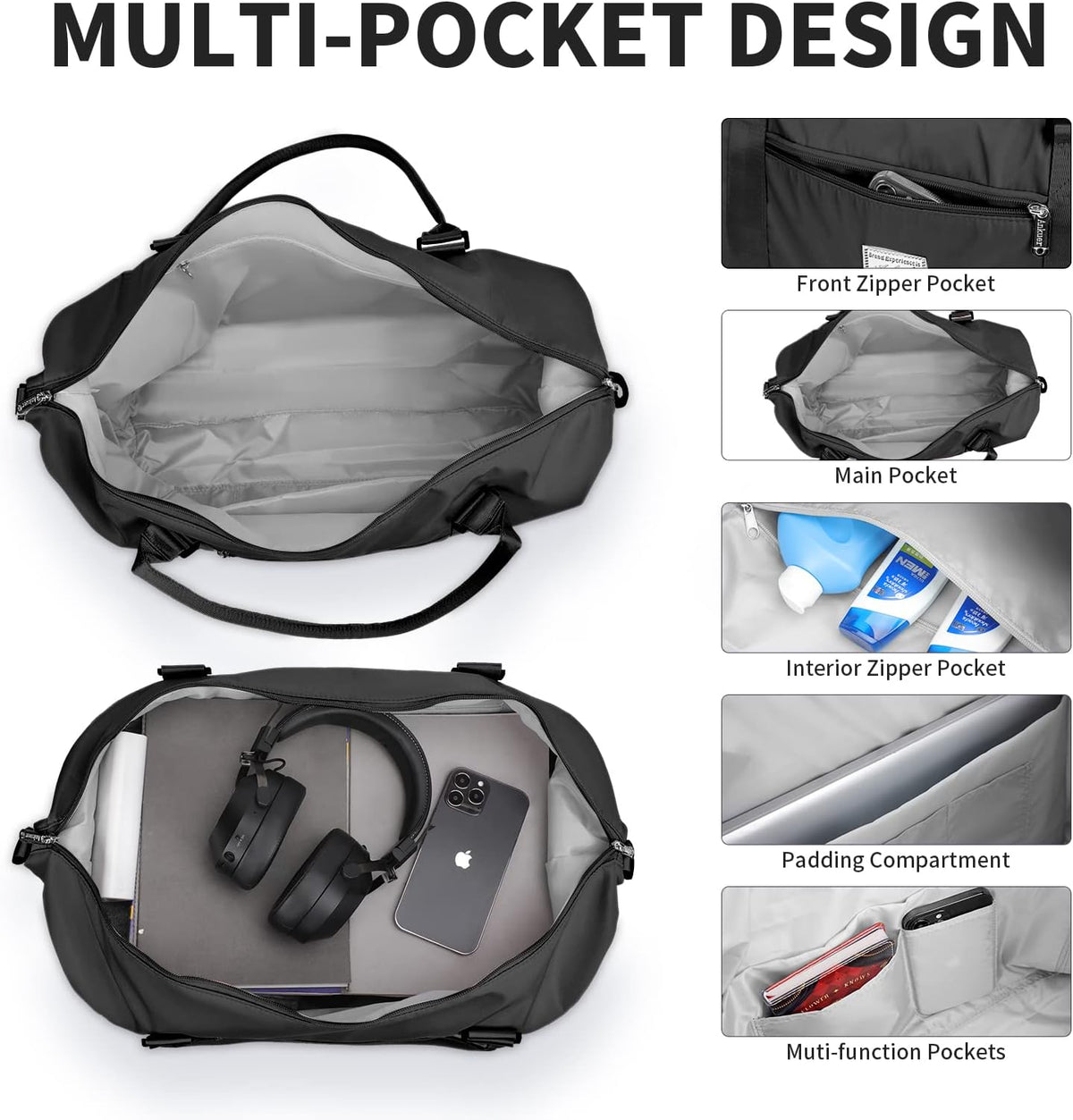 Large Duffle Bag for Travel, Sports Gym Tote Bag for Women, Carry on Overnight Bag with Luggage Sleeve for Airplanes, Shoulder Weekender Bags Hospital Bag (Black)